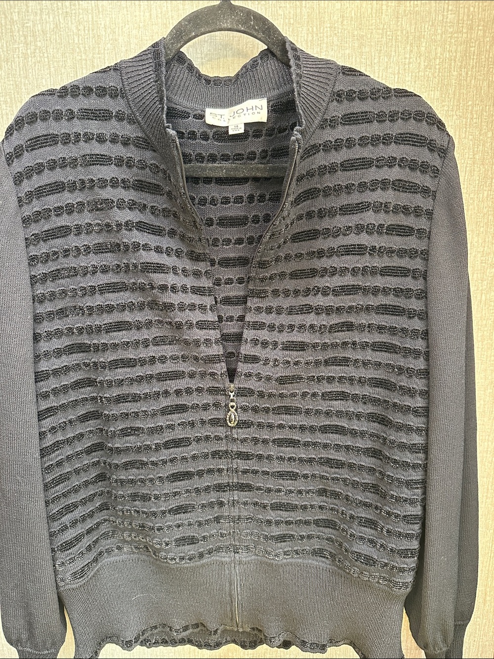 St. John Collection Black Textured knit full Zip Cardigan